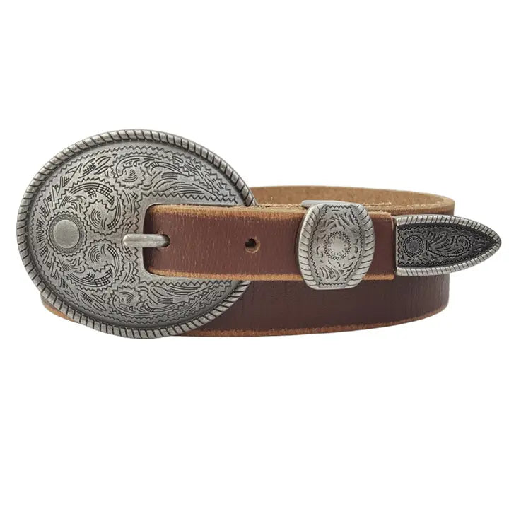 Vintage Skinny Leather Belt W. Antique Silver Floral Buckle