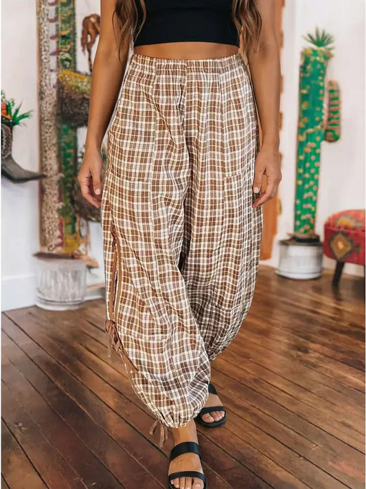 Plaid Elastic Waist Bow Tie Contrast Detail Jogger Pants