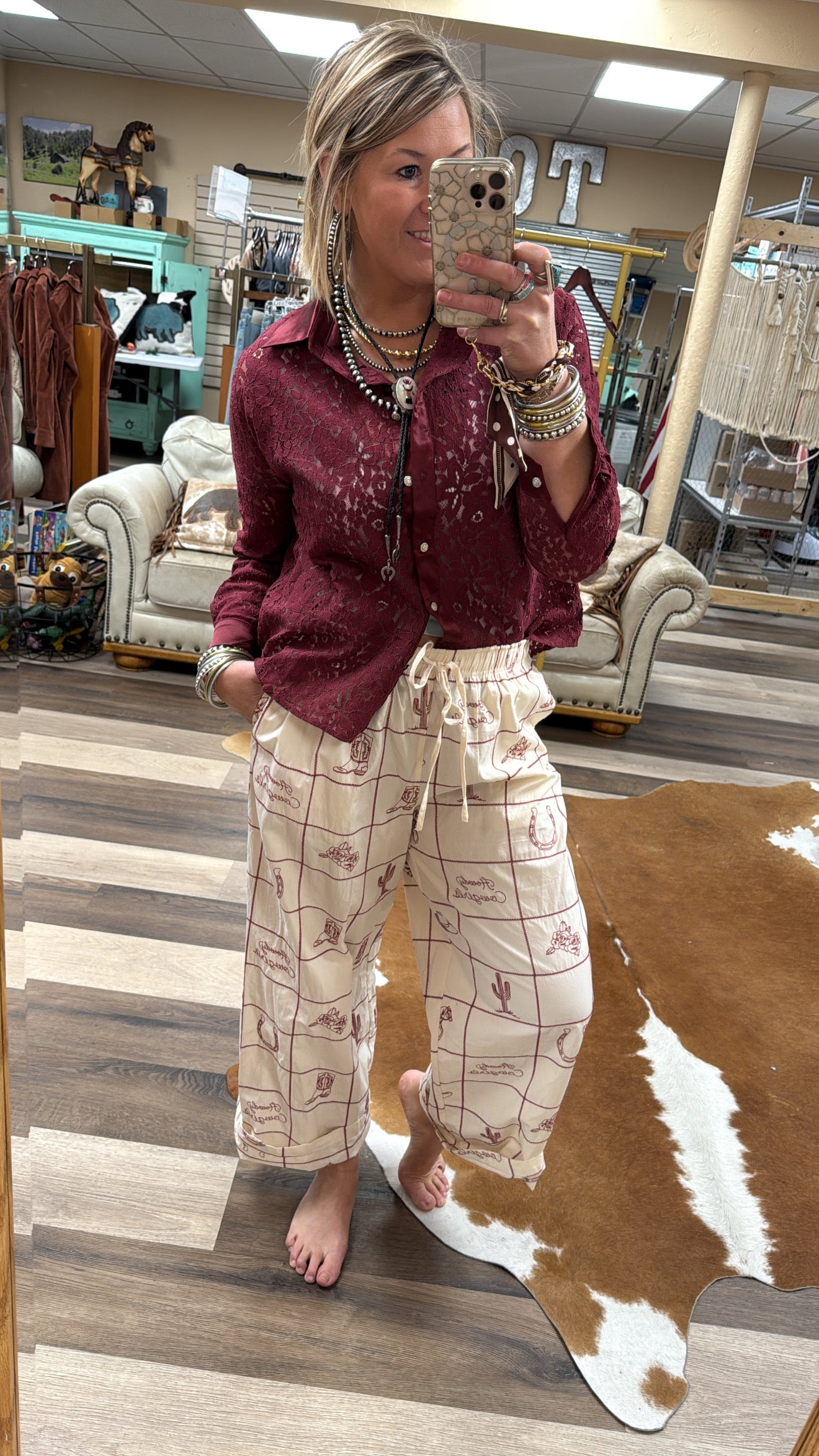 Burgundy Lace Button Up