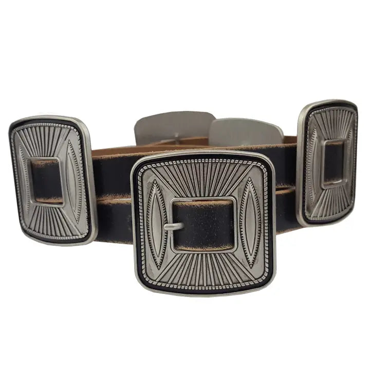 Western Vintage Leather Belt with Matching Square Buckle/Concho