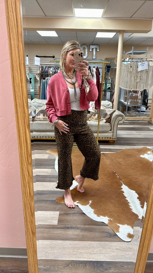 Leopard Zipper Back Ruffled Hem Pants