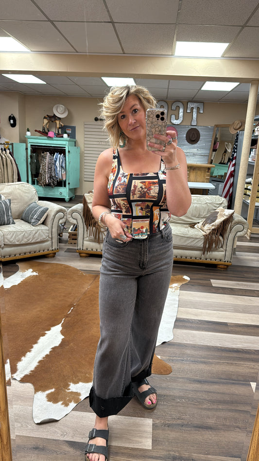 Cowboy Print Square Neck Top