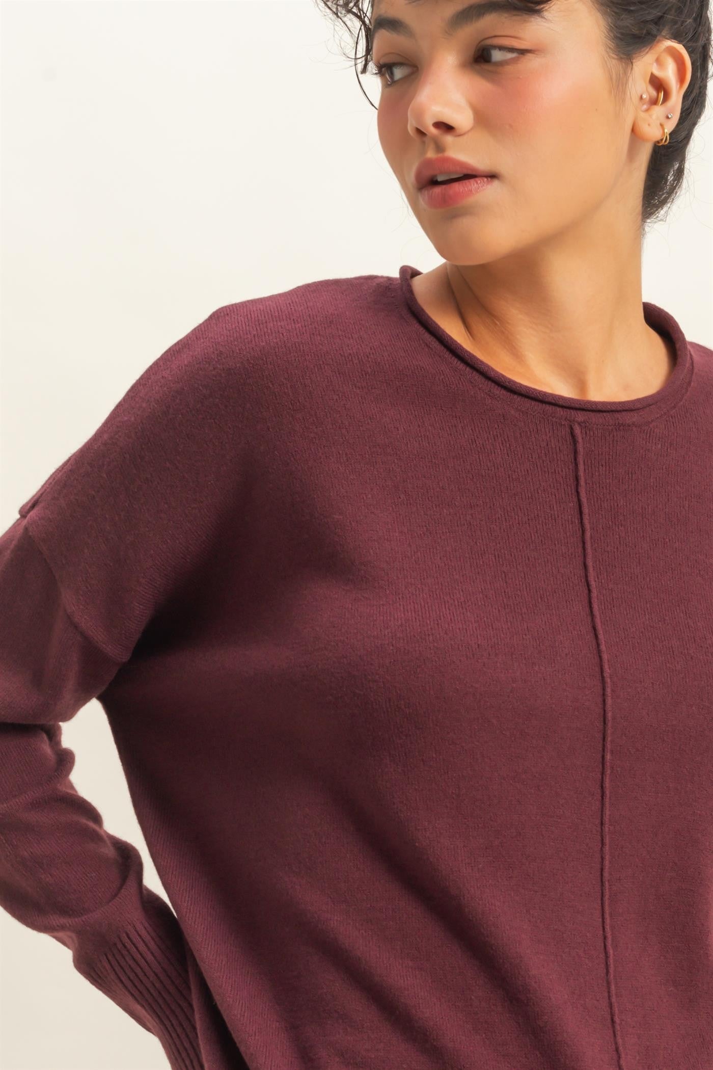 Maroon Roll Neck Drop Shoulder Sweater