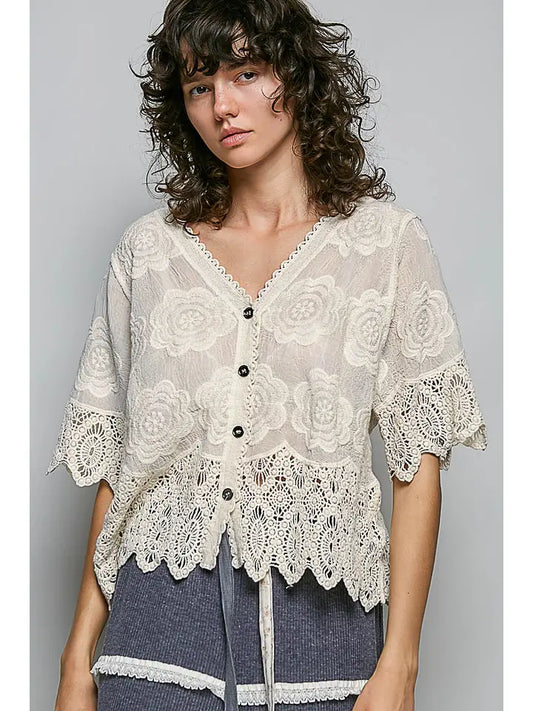 Crochet Trim Neckline Short Sleeve Jacket Top
