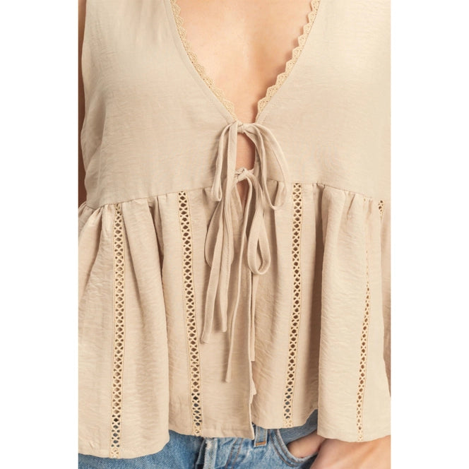 Lace Trim Tie Front Top