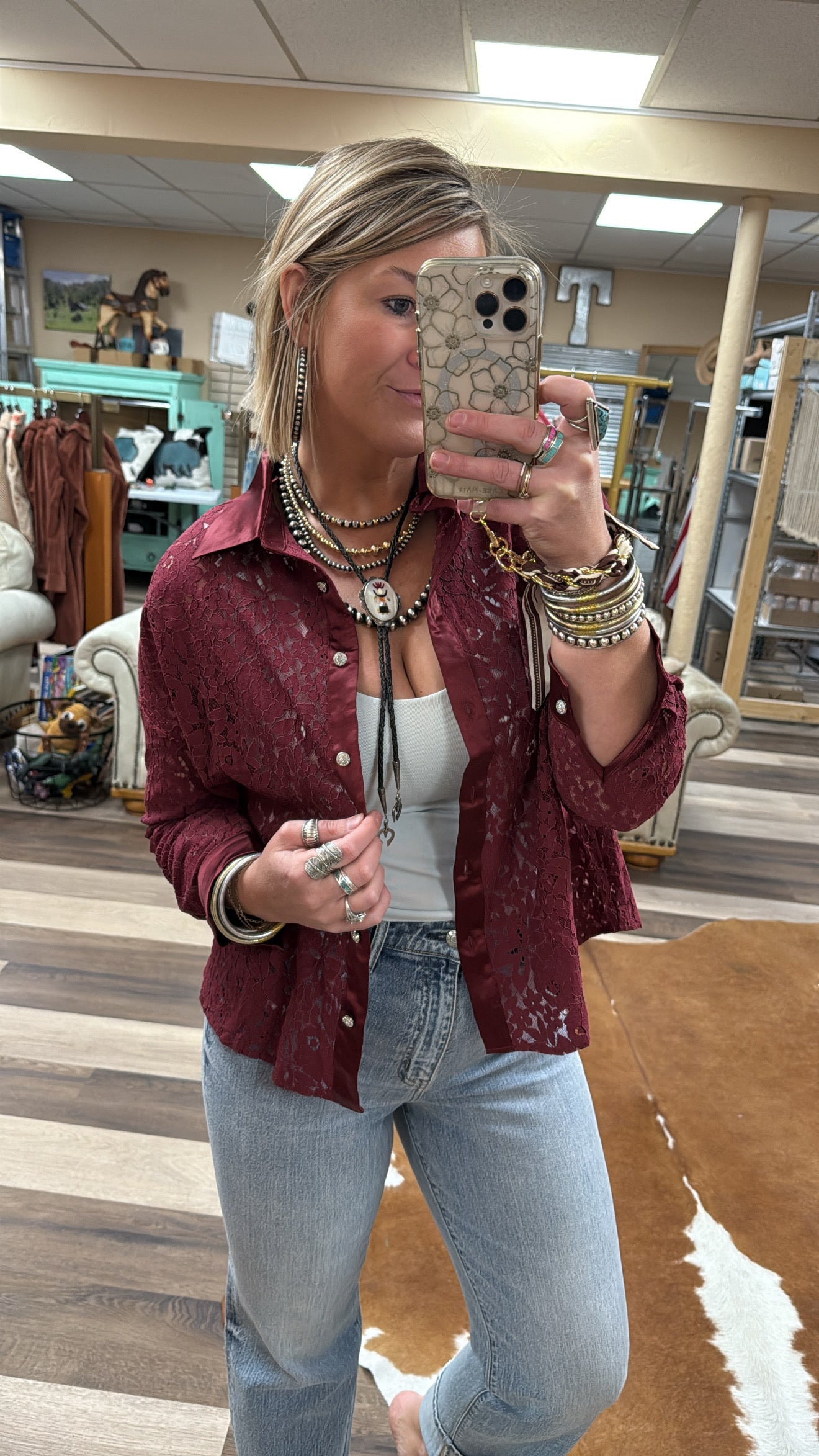 Burgundy Lace Button Up