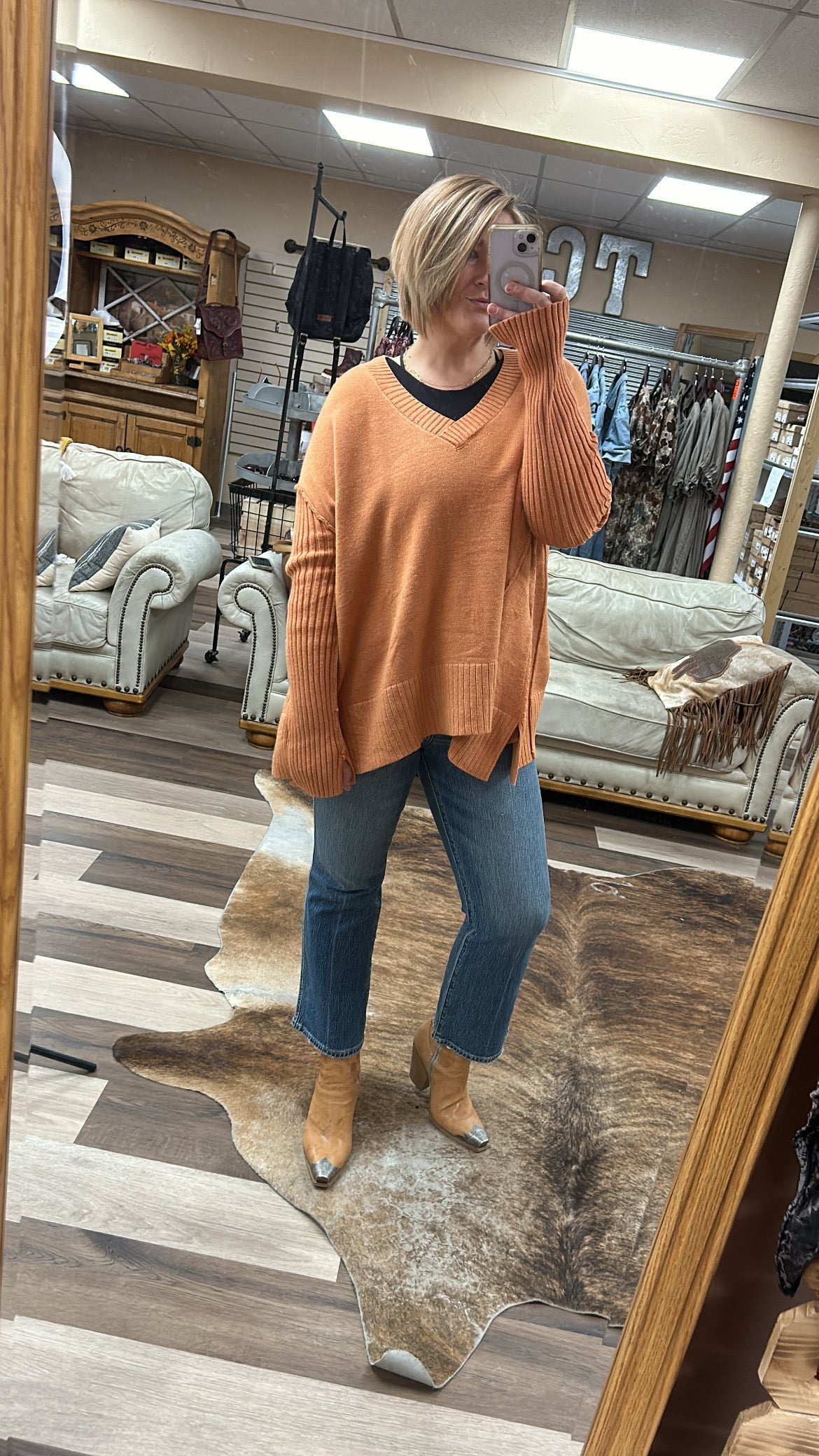 Orange Deep V Sweater Tunic