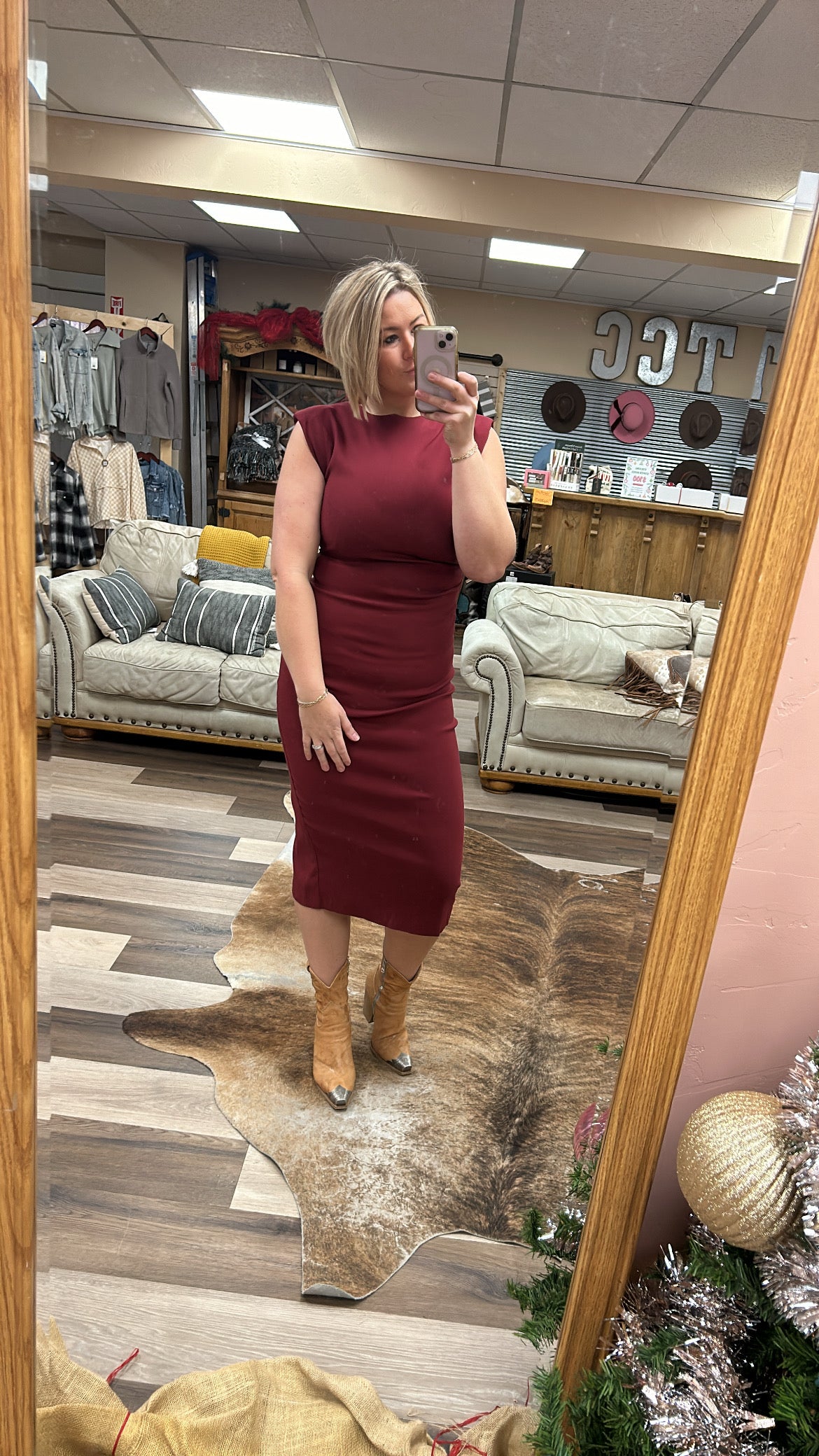 Burgundy Fitted Midi Dress