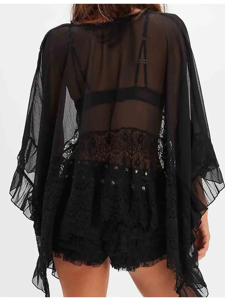 Lace Ruffle Batwing Sleeves See Through Blouse