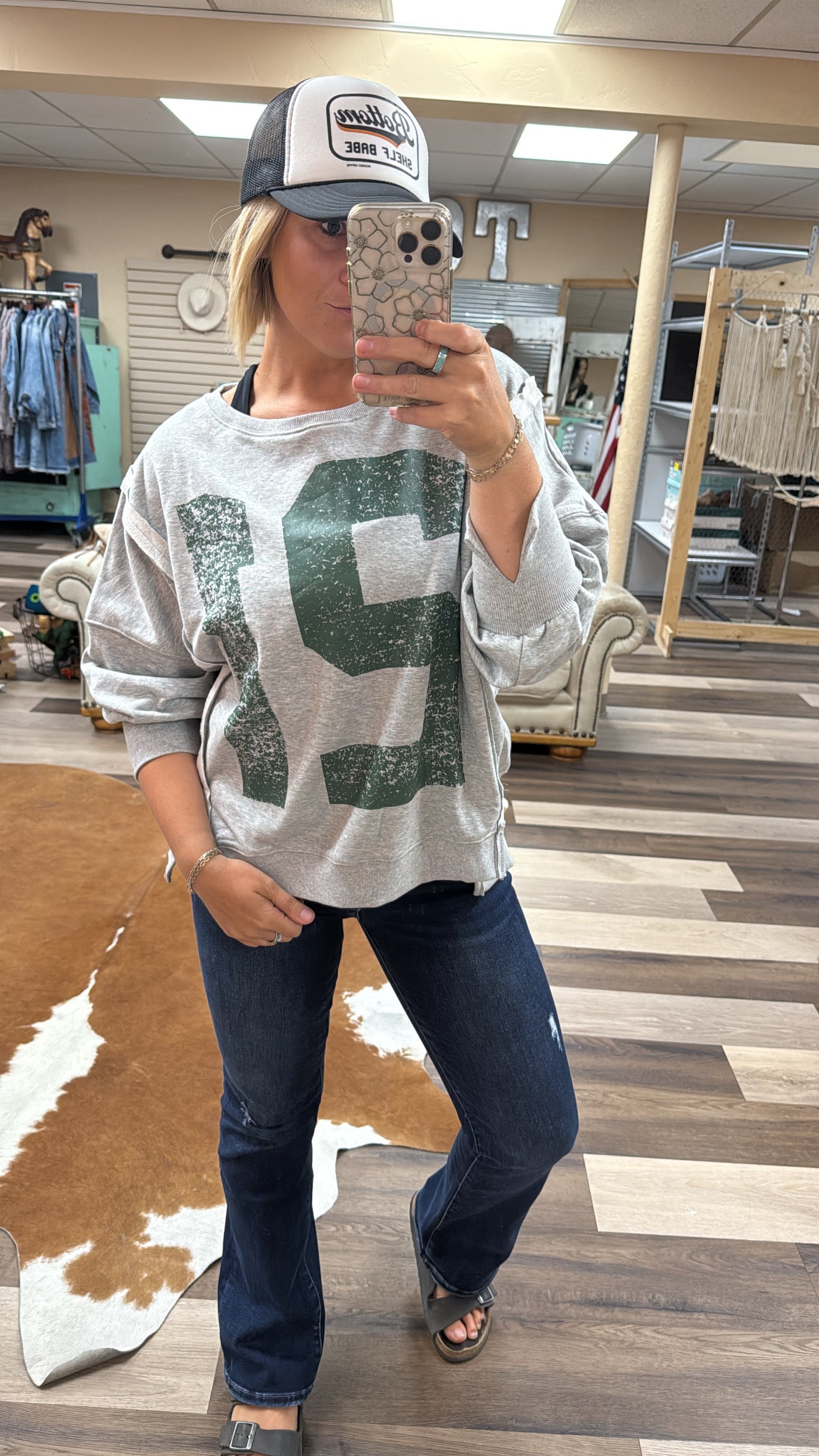 Faded Varsity Print Long Sleeve Pullover Top