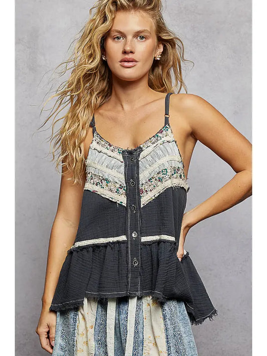 Double Gauze Denim Lace Patch Outseam Round Neck Sleeveless