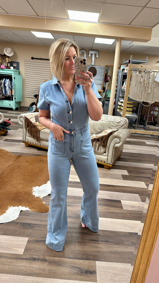 Light Wash Collared Denim Jumpsuit