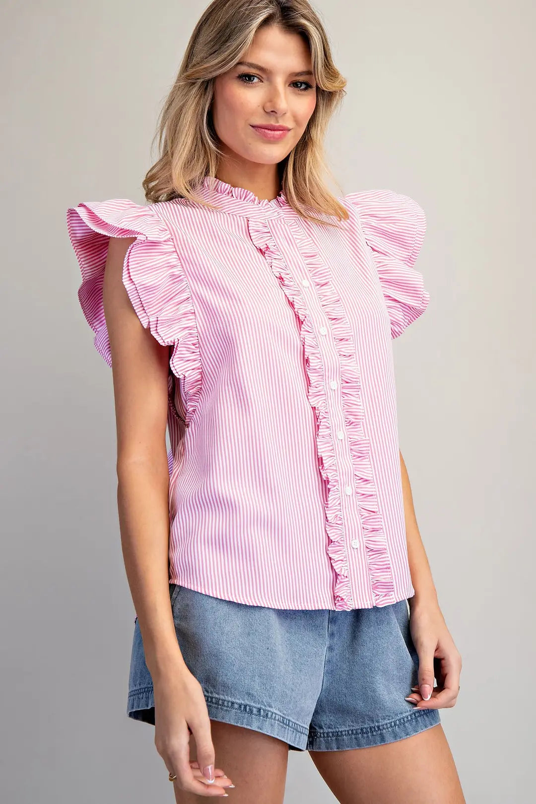 Sweet Pink Striped Button Down Ruffle Trim Blouse
