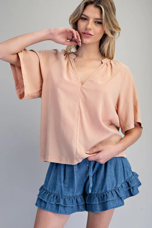 Mineral Washed Split V-Neck Blouse
