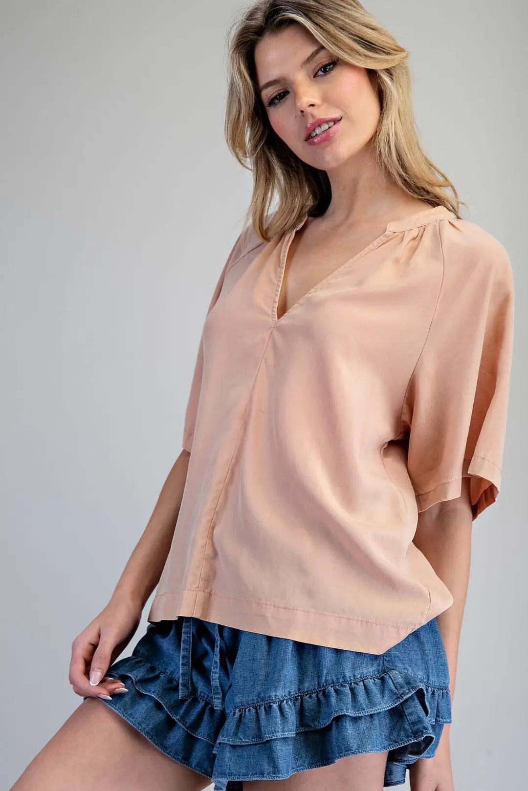 Mineral Washed Split V-Neck Blouse