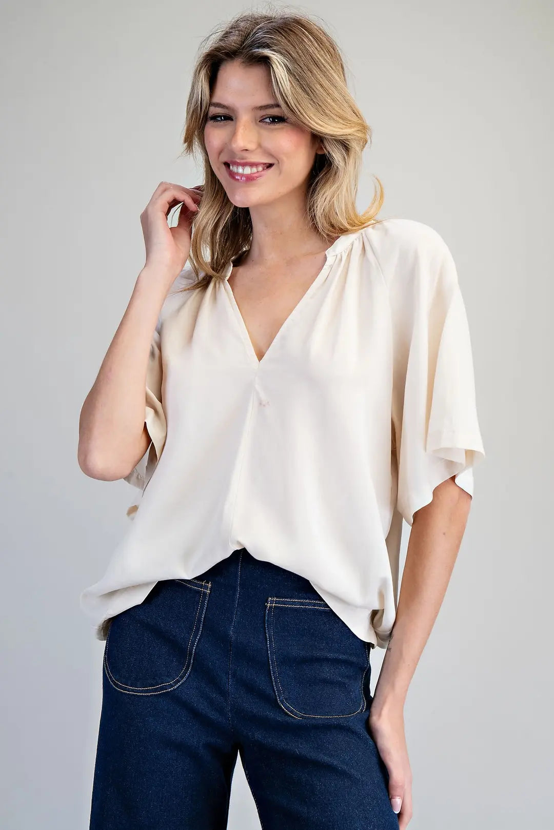 Mineral Washed Split V-Neck Blouse