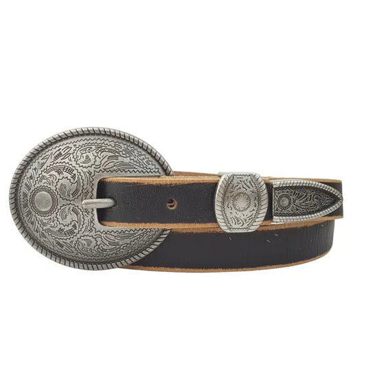 Vintage Skinny Leather Belt W. Antique Silver Floral Buckle