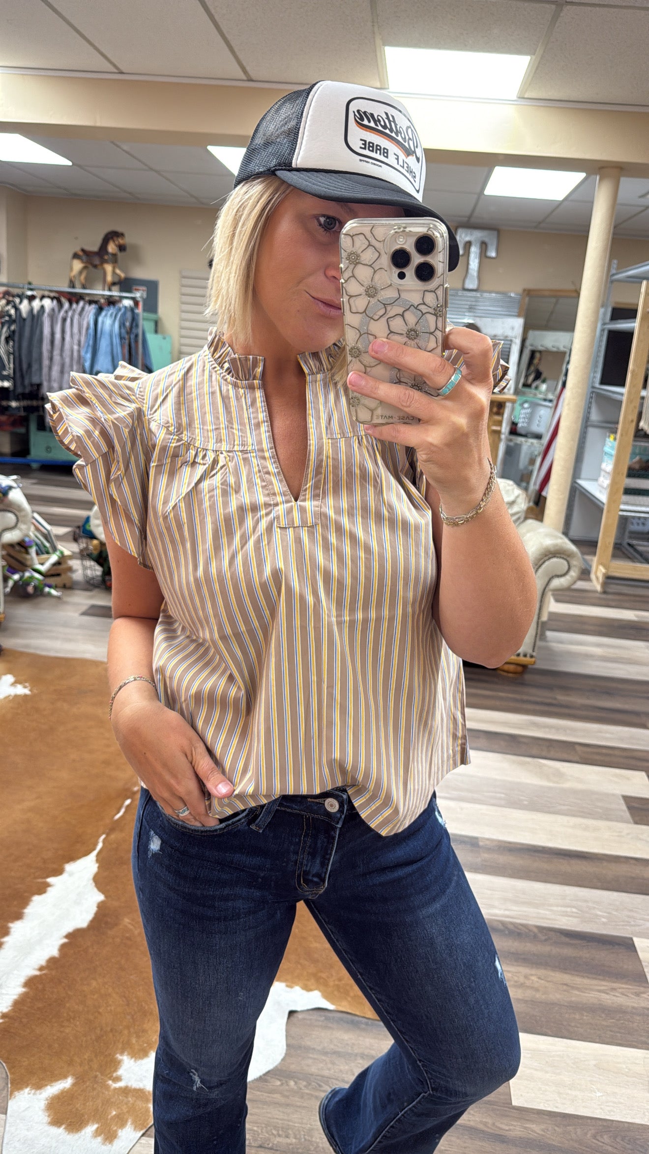Brown and Gold Striped Flutter Top