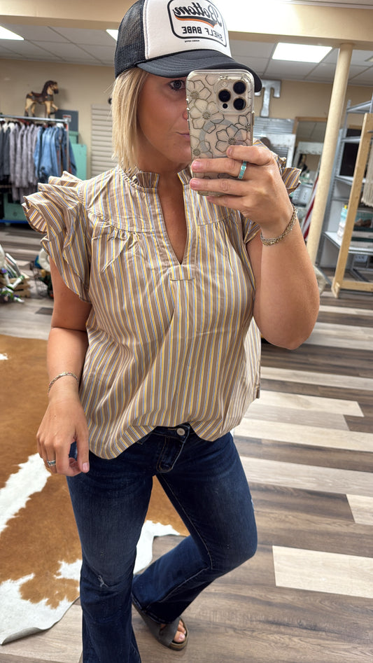 Brown and Gold Striped Flutter Top