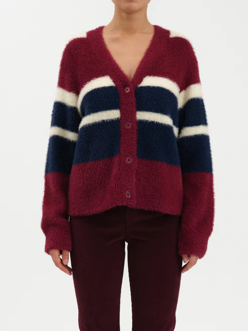 Bleeker Fuzzy Cardigan in Fig Multi Stripe