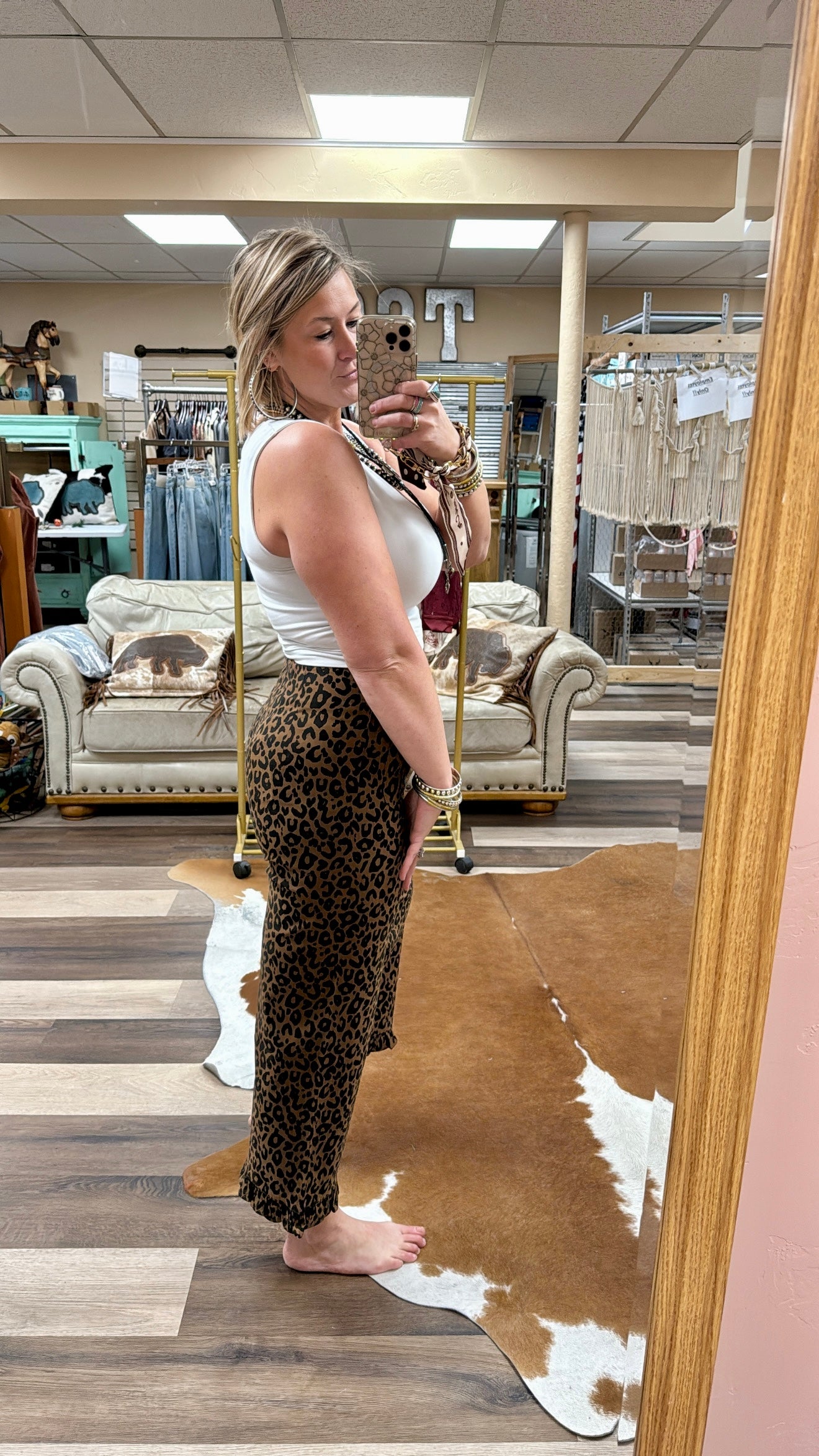 Leopard Zipper Back Ruffled Hem Pants
