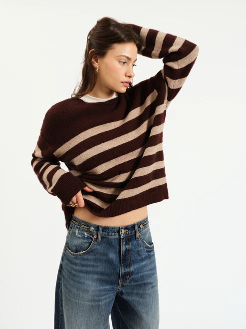 Carlyle Crewneck Sweater in Brown Oat Stripe