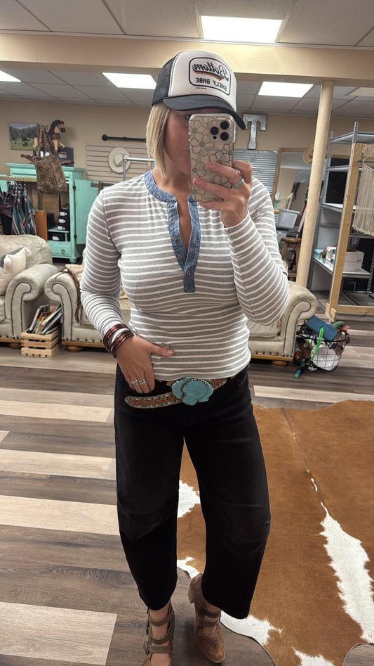 Snow Washed Two Tone Button Down Top