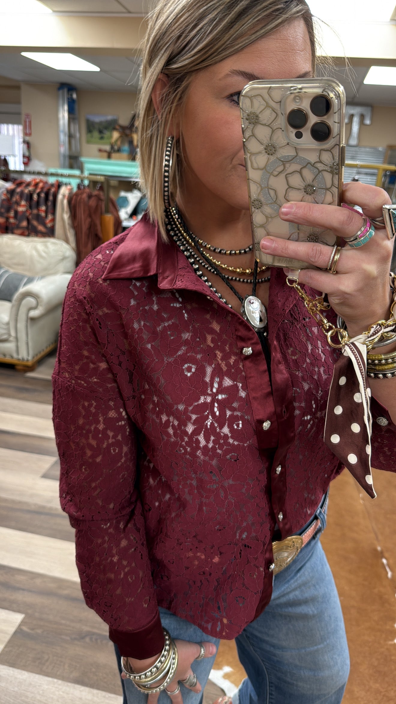 Burgundy Lace Button Up