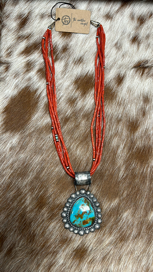 Vintage 20" Red Coral Necklace with Turquoise Pendant