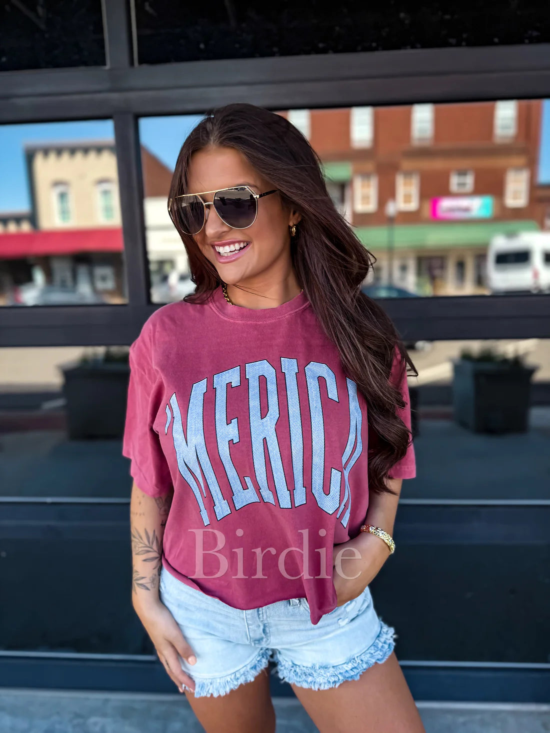 Denim 'MERICA Cropped Graphic Tee on Crimson