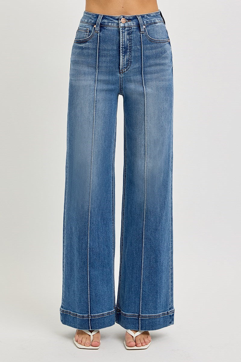 RISEN TUMMY CONTROL HIGH RISE ANKLE WIDE FRONT PINTUCK JEANS