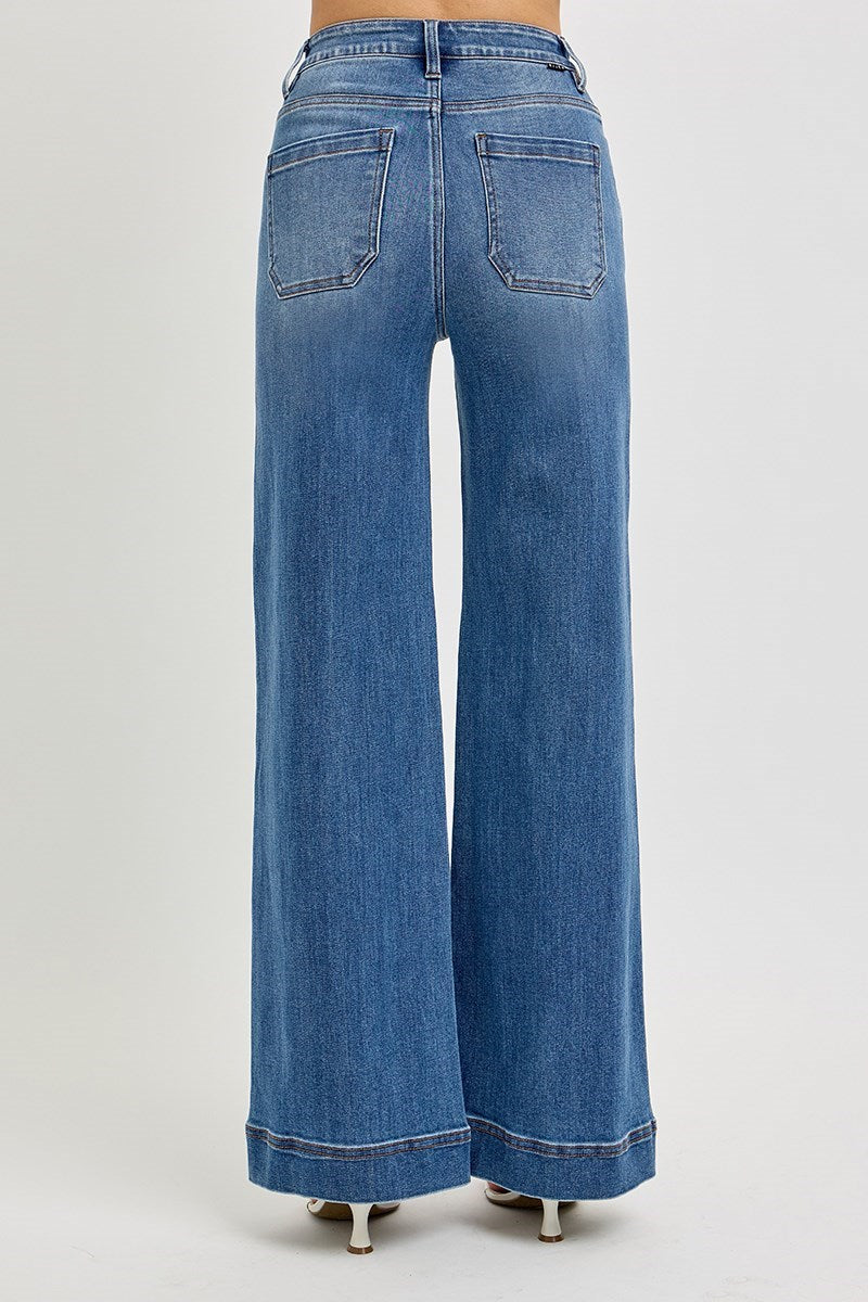 RISEN TUMMY CONTROL HIGH RISE ANKLE WIDE FRONT PINTUCK JEANS