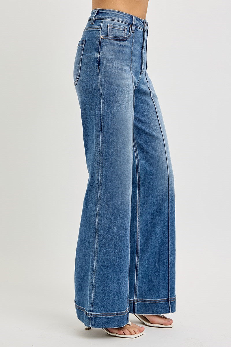 RISEN TUMMY CONTROL HIGH RISE ANKLE WIDE FRONT PINTUCK JEANS