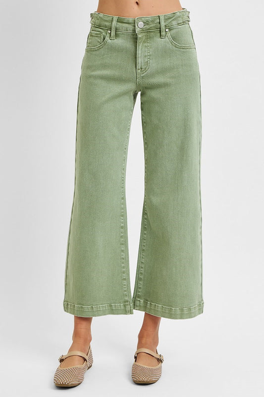 Light olive green cropped wide leg jeans, front view. 
