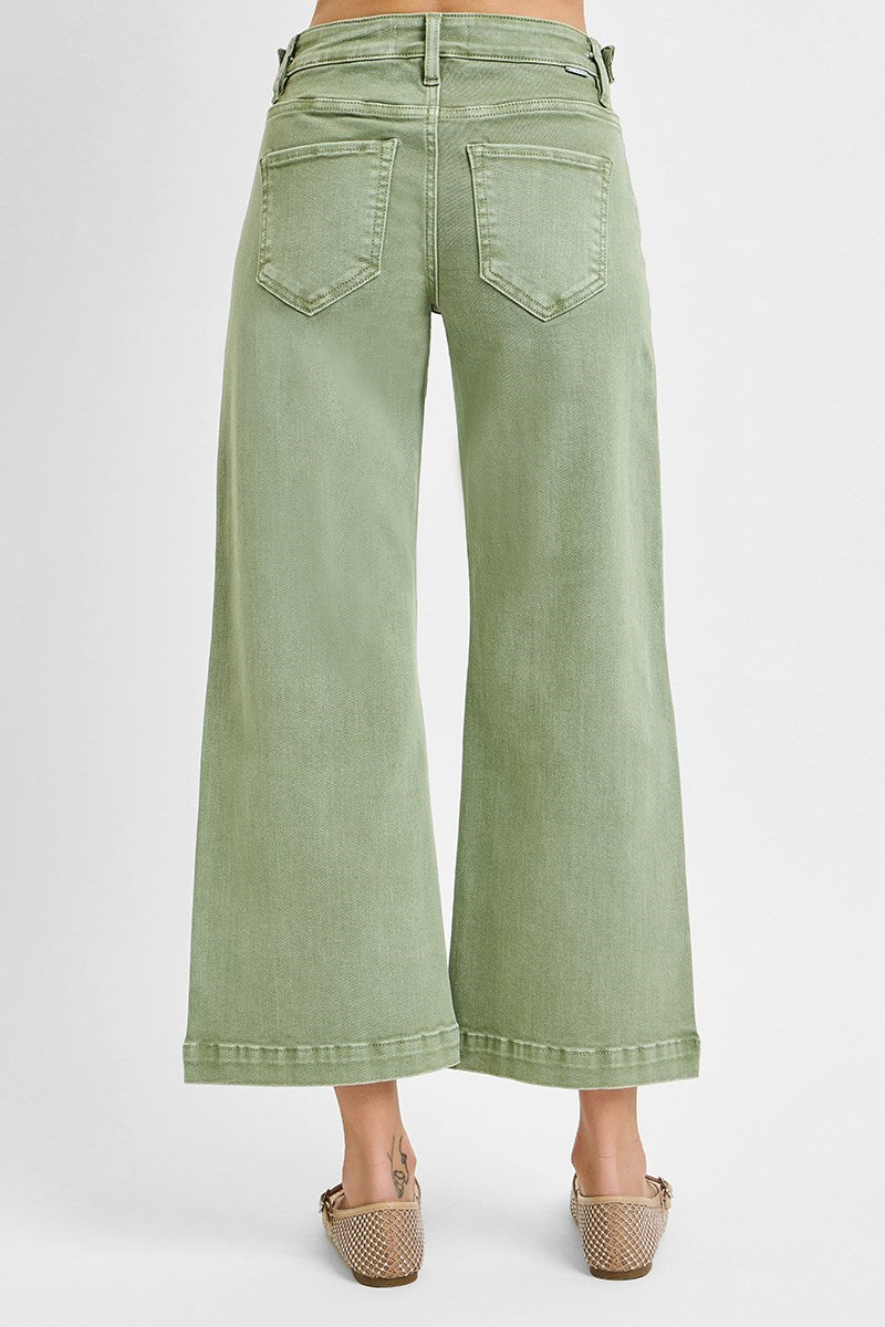 Light olive green cropped wide leg jeans, back view. 