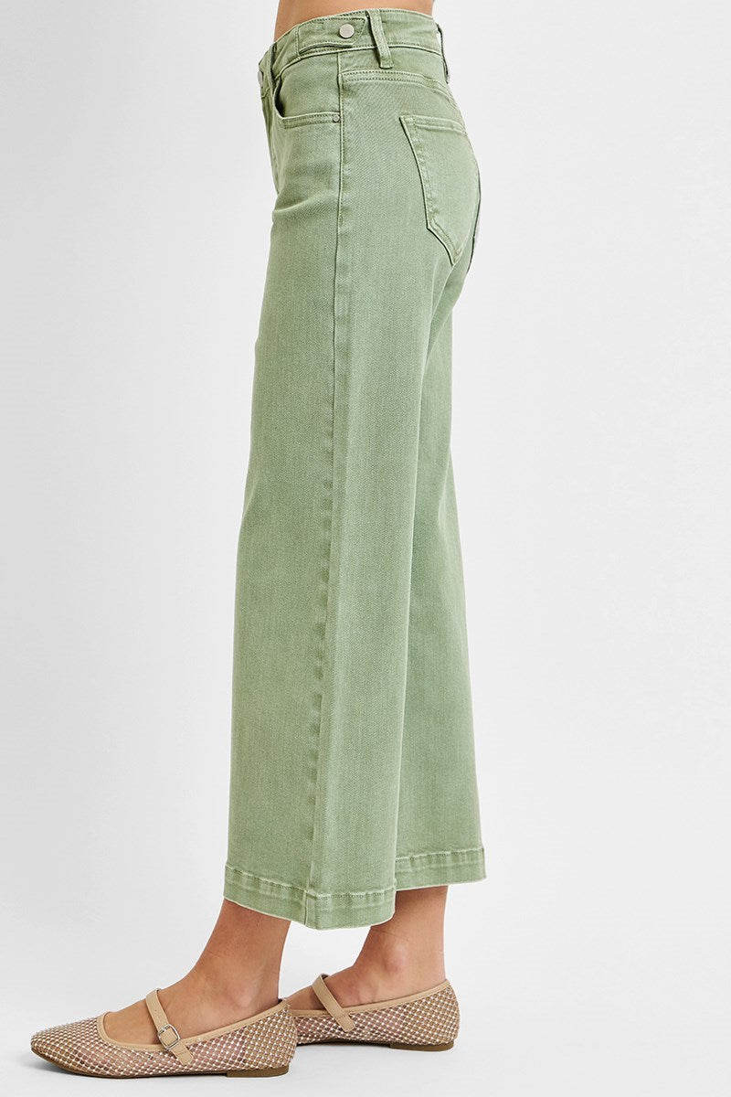 Light olive green cropped wide leg jeans, side view. 