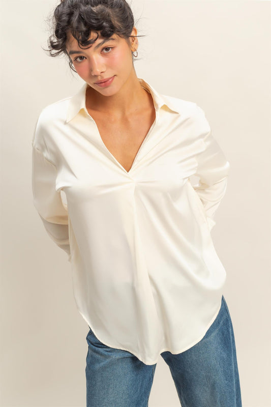Collared V-neck Satin Blouse