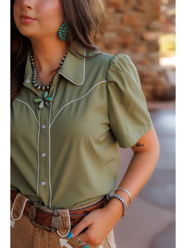 Olive Pearl Snap Top