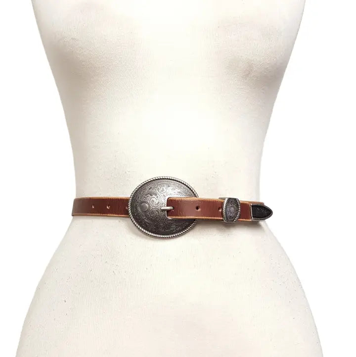 Vintage Skinny Leather Belt W. Antique Silver Floral Buckle
