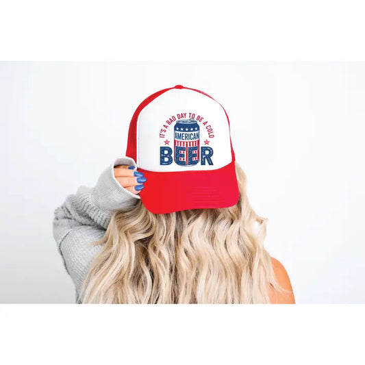 It's A Bad Day To Be A Beer Dtf Printed Red and White Trucker Hat