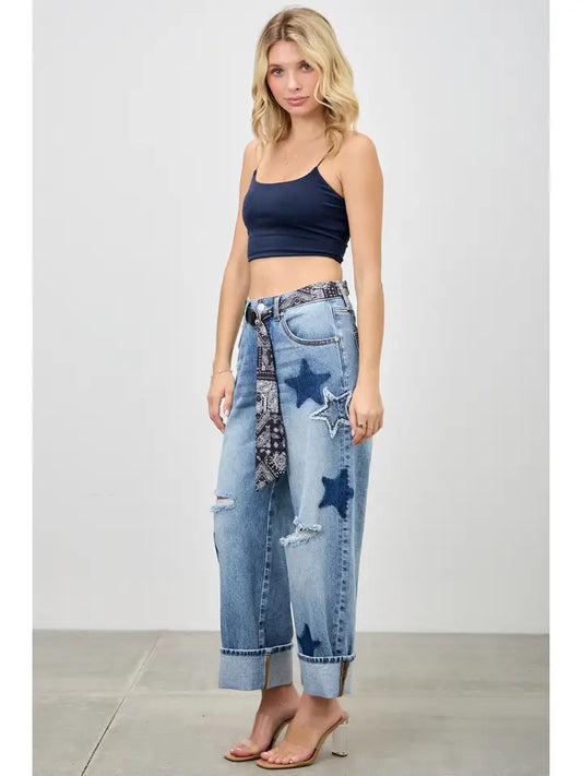 High-Rise Low Curve Cuffed Barrel Jeans with Star