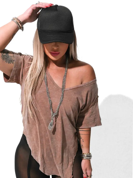 Premium Plunge V-Neck Mineral Washed Side Slit Top Dark Umber