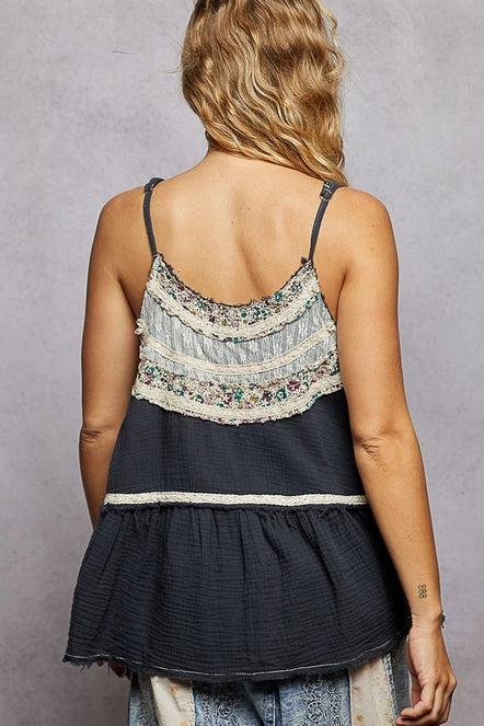 Double Gauze Denim Lace Patch Outseam Round Neck Sleeveless