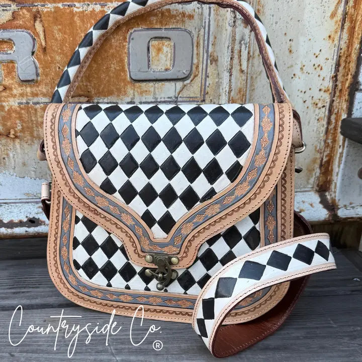 Zadie Tooled Leather Checkered Handbag, Hand Painted