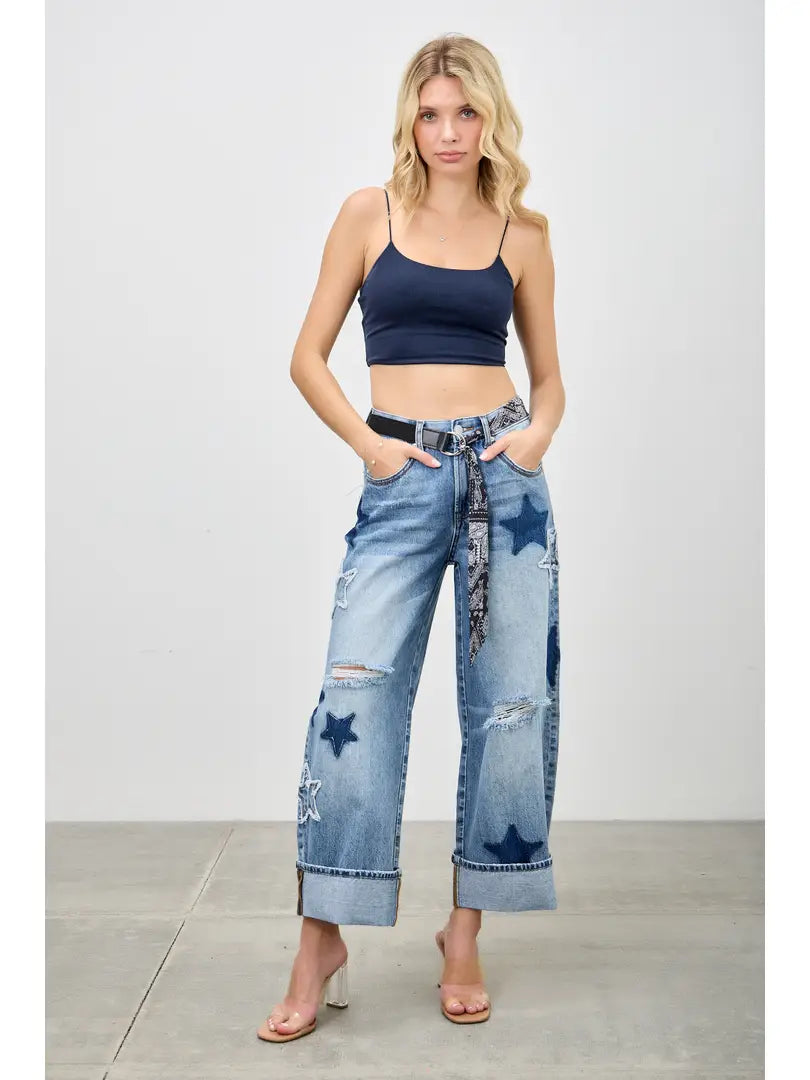 High-Rise Low Curve Cuffed Barrel Jeans with Star