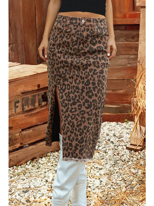 Leopard Denim Frayed Split Denim Midi Skirt