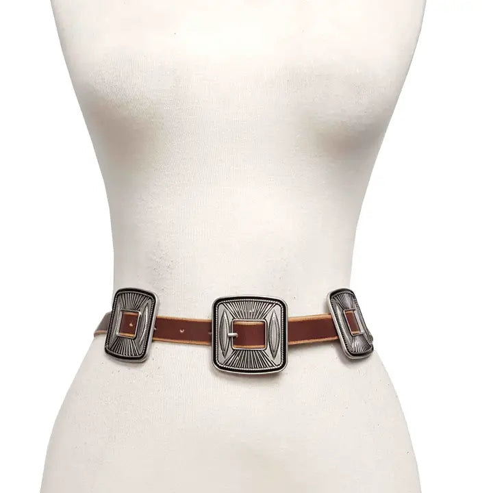 Western Vintage Leather Belt with Matching Square Buckle/Concho