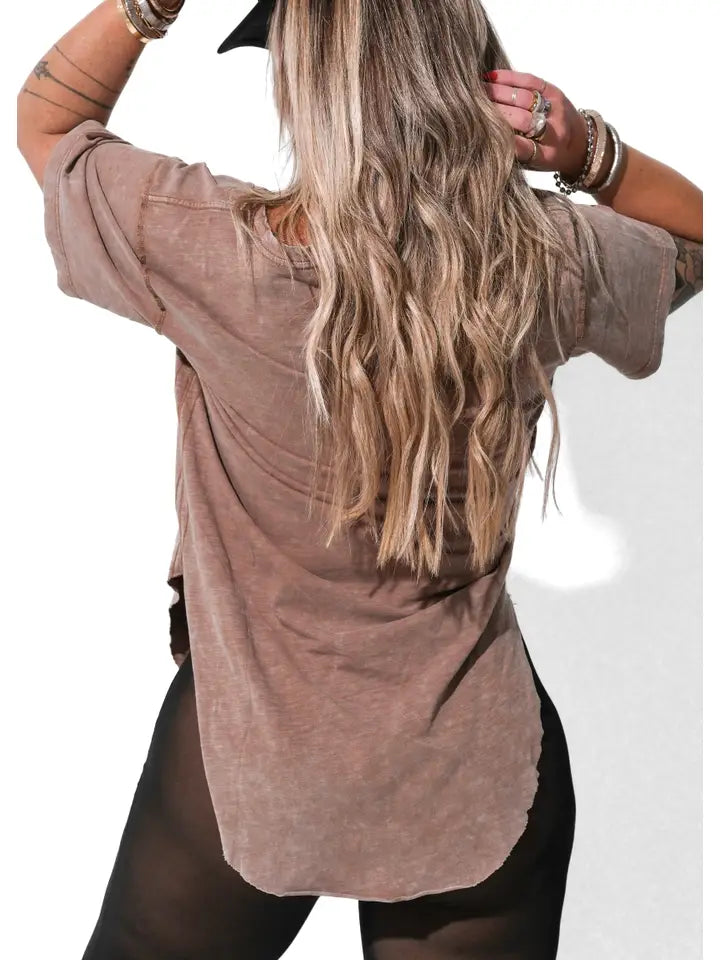 Premium Plunge V-Neck Mineral Washed Side Slit Top Dark Umber