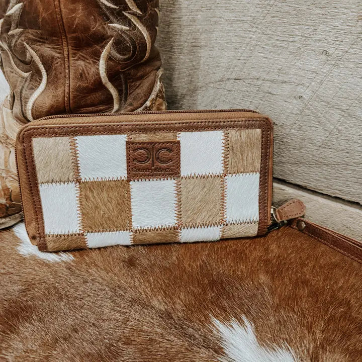 Checkered Cowhide Womens Wallet Wristlet Trendy