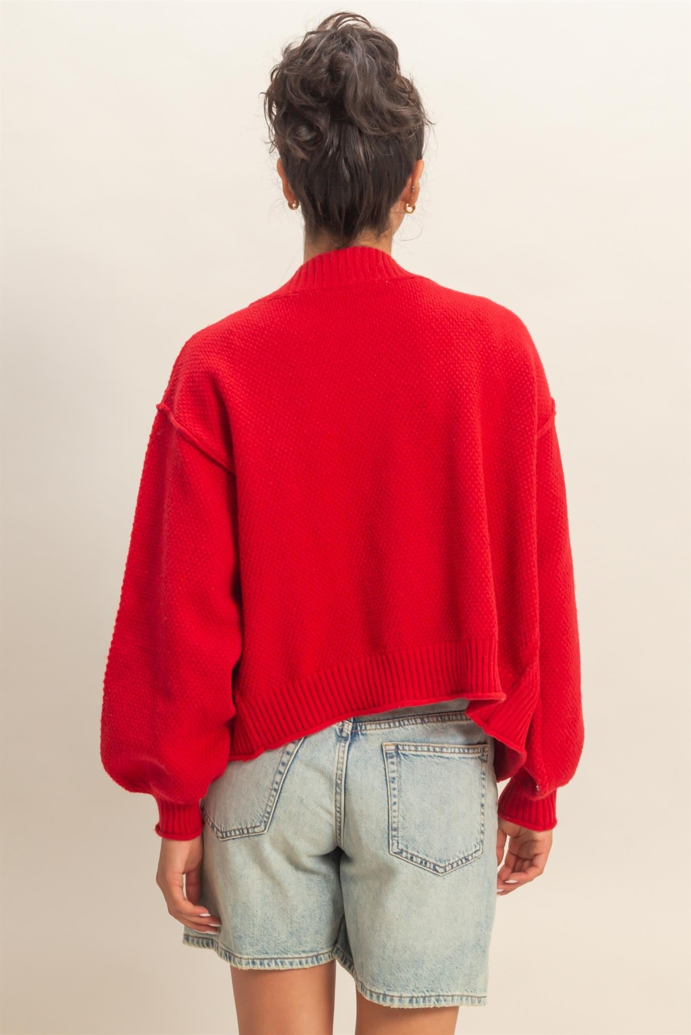 Red Oversized Textured Knit Cardigan Sweater